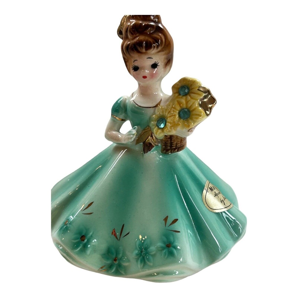 Josef Originals March Birthday Girl Figurine Aquamarine, Sunflowers, Japan‎